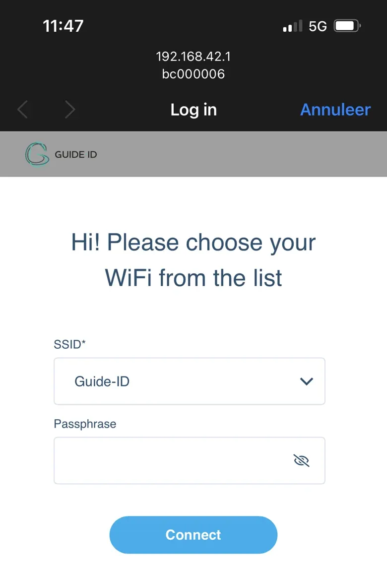 Basecamp hotspot configuration — select your Wi-Fi SSID and enter the passphrase, then click Connect.