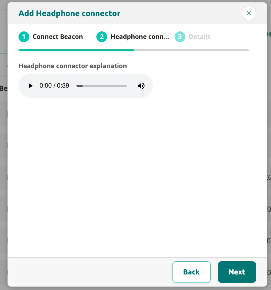 Add Headphone connector step 2 with audio explanation playback controls showing 0 duration.
