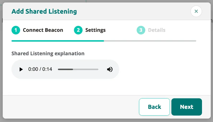 Add Shared Listening step 2 with Shared Listening explanation audio playback showing 0 duration.