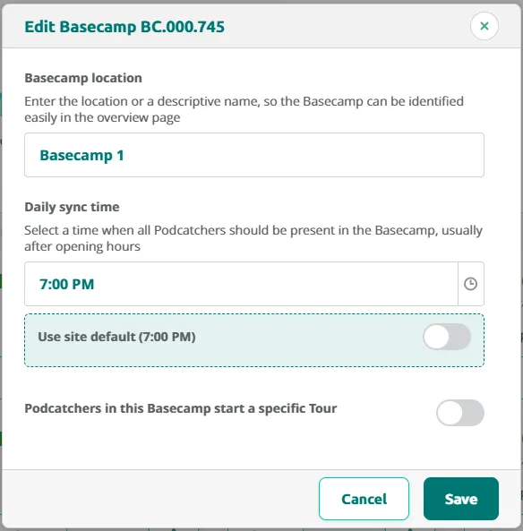 Edit Basecamp dialog showing location name, daily sync time set to 19, and autostart toggle switched off.