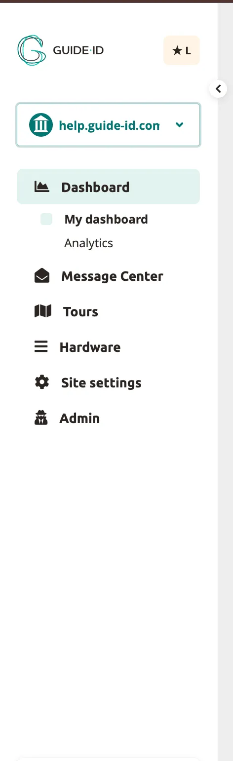 Platform sidebar — Dashboard, Message Center, Tours, Hardware and Site settings