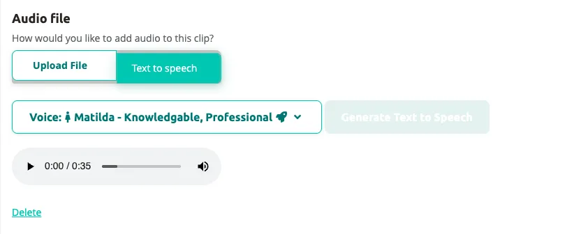 Generated audio ready for preview — 0 duration with playback controls.
